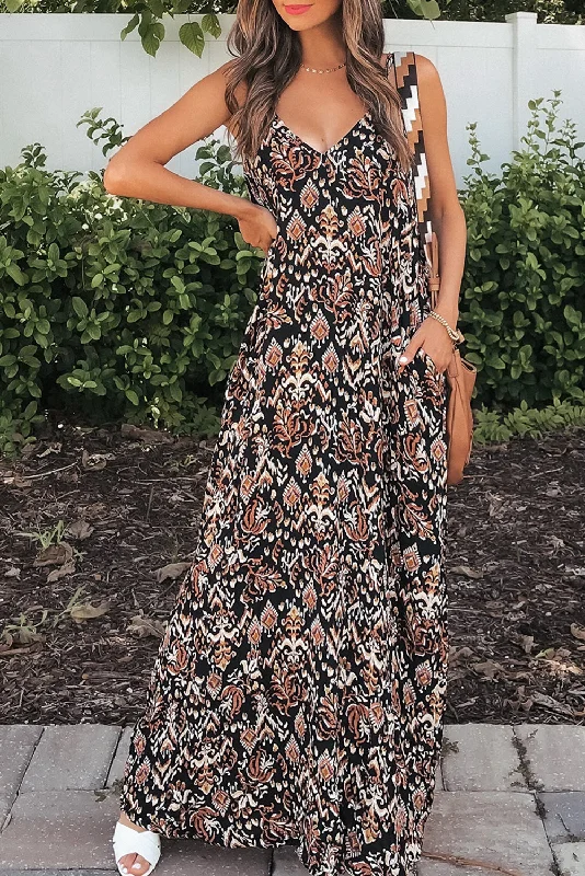 Black Boho Retro Printed Spaghetti Strap V Neck Maxi Dress Fashionable Asymmetrical Maxi Dress Black Boho Retro Printed Spaghetti Strap V Neck Maxi Dress Fashionable Asymmetrical Maxi Dress