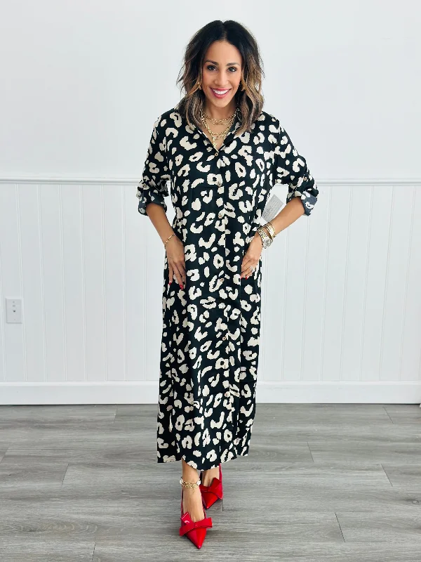 Black Button Down Leopard Maxi Dress (Reg) Cozy Wrap Maxi Dress