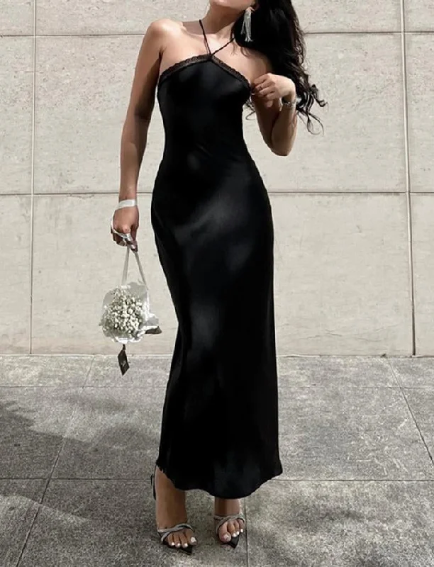 Black Lace Trim Satin Slim Halter Neck Prom Maxi Dress Stylish V-Neck Maxi Dress