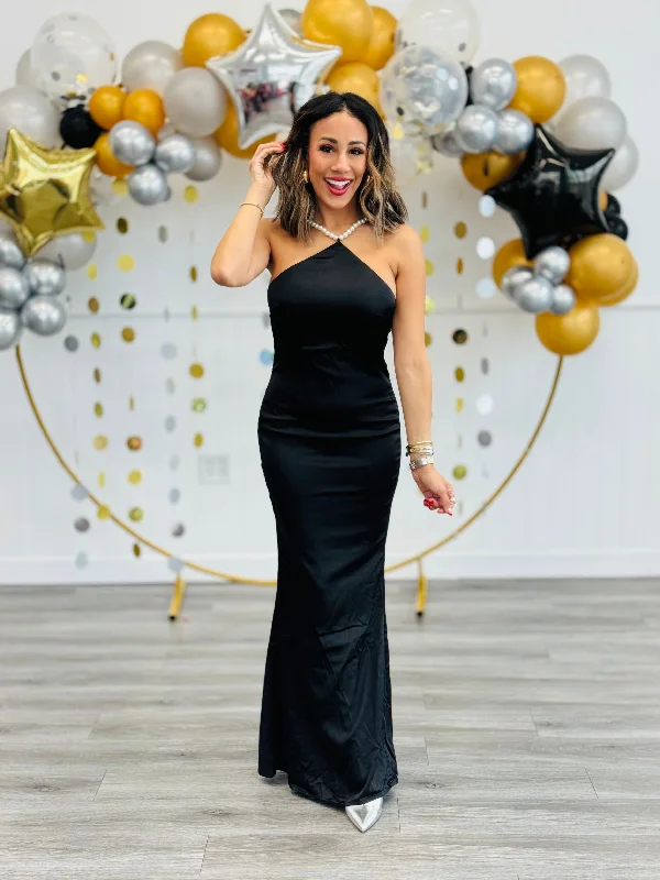 Black Satin Pearl Strap Maxi Dress ( Reg) Trendy Maxi Dress with Lace