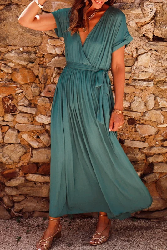 Blackish Green Solid Color V Neck Wrap Pleated Short Sleeve Maxi Dress Cozy Ribbed Maxi Dress Blackish Green Solid Color V Neck Wrap Pleated Short Sleeve Maxi Dress Cozy Ribbed Maxi Dress