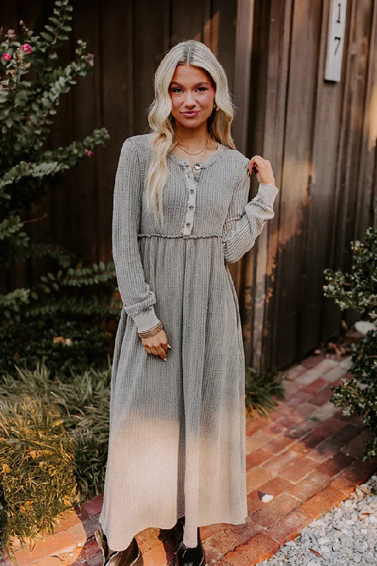 Cozy Moment Waffle Knit Maxi Dress in Grey Trendy Fit-and-Flare Maxi Dress