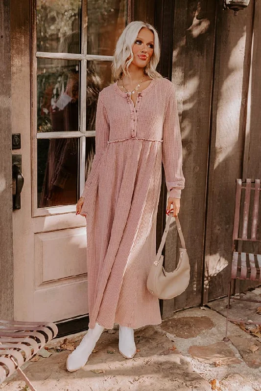 Cozy Moment Waffle Knit Maxi Dress in Rustic Rose Comfortable Long-Sleeve Maxi Dress