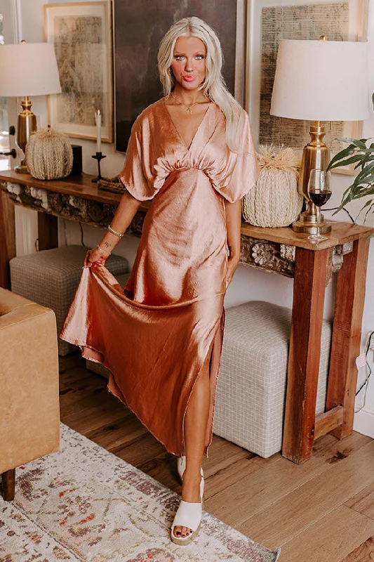 Gala Moment Satin Maxi Dress in Rose Gold Comfortable Maxi Dress with Sleeves
