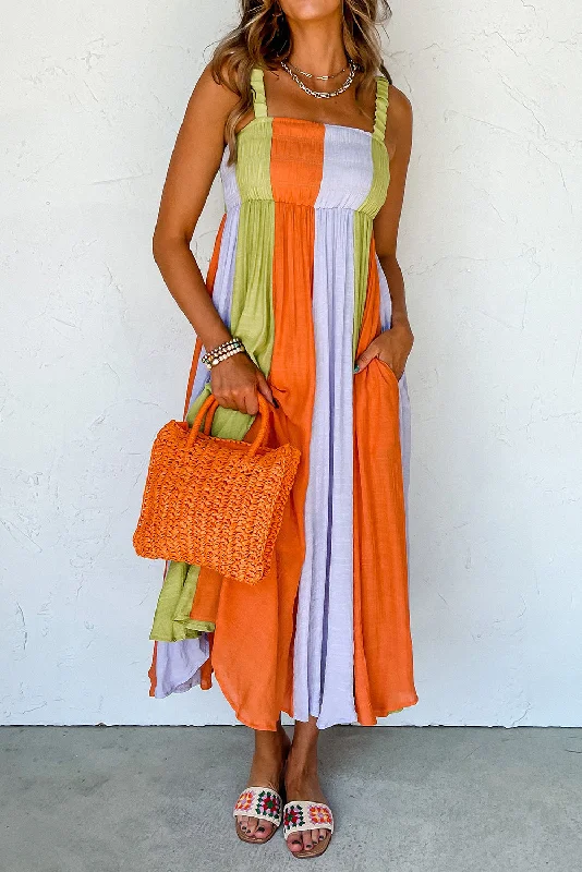 Green Color Block Shirred High Waist Fit and Flare Maxi Dress Classic A-Line Maxi Dress Green Color Block Shirred High Waist Fit and Flare Maxi Dress Classic A-Line Maxi Dress