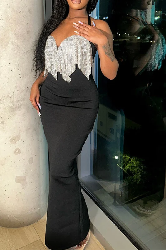 Hit Color Sparkly Rhinestone Ruffle Maxi Dress Casual Maxi Dress with Pockets