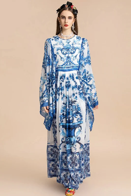 Holiday Glam Mediterraneo Print Kimono-Sleeve Maxi Dress Comfortable Fit-and-Flare Maxi Dress Holiday Glam Mediterraneo Print Kimono-Sleeve Maxi Dress Comfortable Fit-and-Flare Maxi Dress