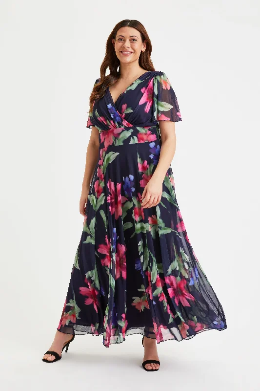 Isabelle Navy Pink Blue Float Sleeve Maxi Dress Trendy Maxi Dress with Straps