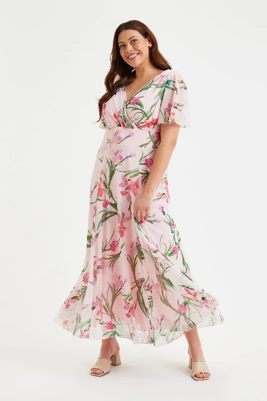Isabelle Pink Pink Float Sleeve Maxi Dress Elegant Lace-Up Maxi Dress