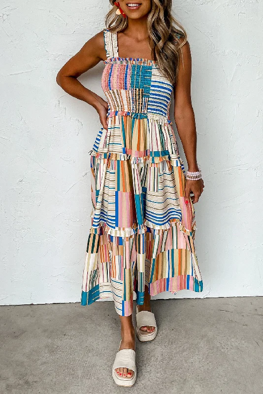 Khaki Mix Striped Wide Straps Smocked Tiered Maxi Dress Fashionable Halter Neck Maxi Dress
