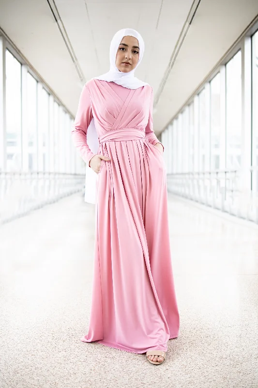 Long Sleeve Criss Cross Maxi Dress - Pink Elegant Maxi Dress with Belt