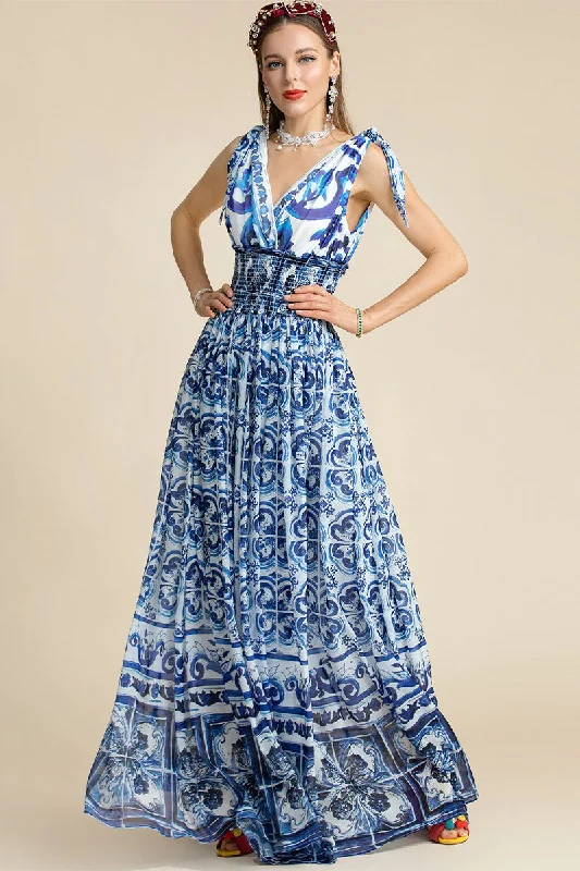 Mediterraneo Long Majolica Print Maxi Dress Stylish Pleated A-Line Maxi Dress
