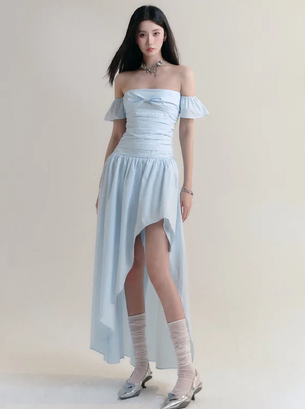 Pale Blue Off-Shoulder Ruched Maxi Dress with Asymmetrical Hem Stylish Long Sleeve Maxi Dress Pale Blue Off-Shoulder Ruched Maxi Dress with Asymmetrical Hem Stylish Long Sleeve Maxi Dress