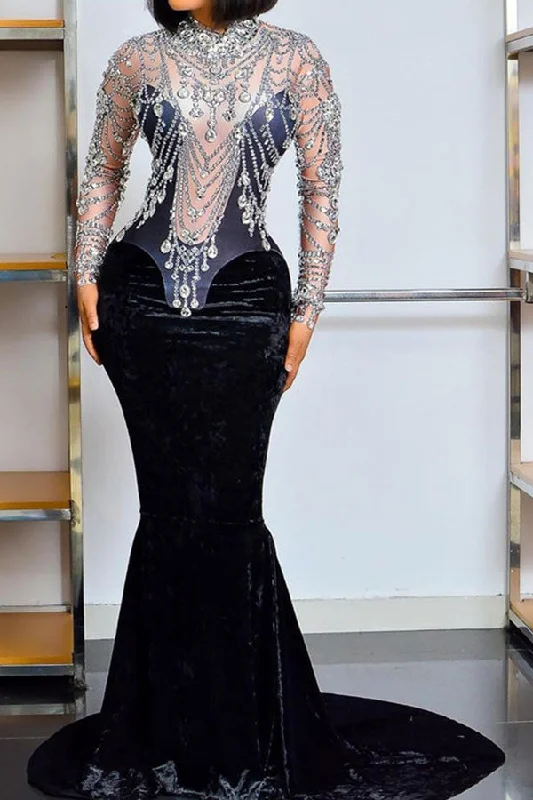 Patchwork Crystal Glitter Glamorous Fishtail Maxi Dress Trendy Maxi Dress with Belt