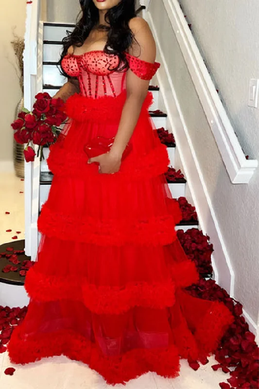 Patchwork Rhinestone Romantic Tulle Tiered Maxi Dress Chic Summer Floral Maxi Dress