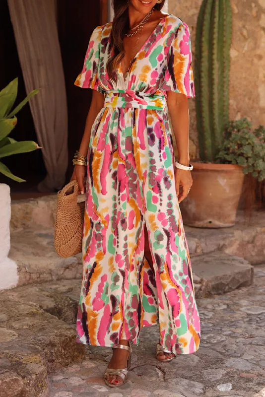 Pink Boho Tie-dye Print V Neck Maxi Dress Comfortable Ruffle Hem Maxi Dress