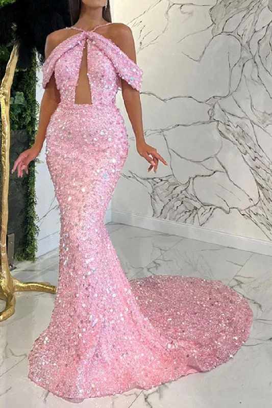 Pink Sequined Sweet Cold Shoulder Maxi Dress Elegant Maxi Dress with Pockets