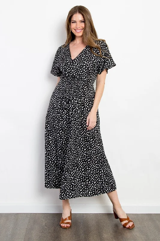 Printed Maxi Dress - Black Comfortable Plunging Neckline Maxi Dress