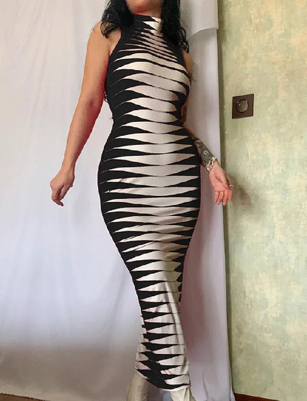 Red and White Panel Geometric Print Sleeveless Maxi Dress Trendy Satin Maxi Dress
