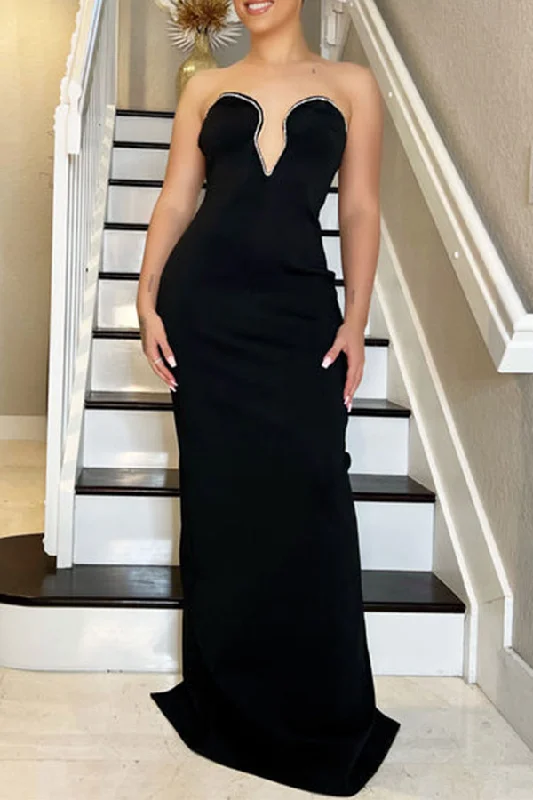 Rhinestone Trim Simple Bandeau Maxi Dress Comfortable Maxi Dress with Belt