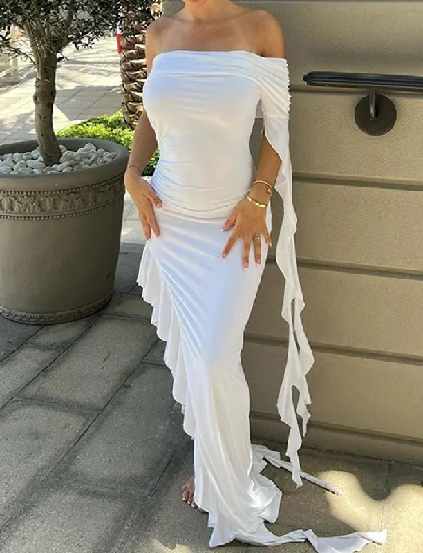 Ruffle Fringe Off Shoulder High Slit Maxi Dress Trendy Off-Shoulder Ruffle Maxi Dress Ruffle Fringe Off Shoulder High Slit Maxi Dress Trendy Off-Shoulder Ruffle Maxi Dress