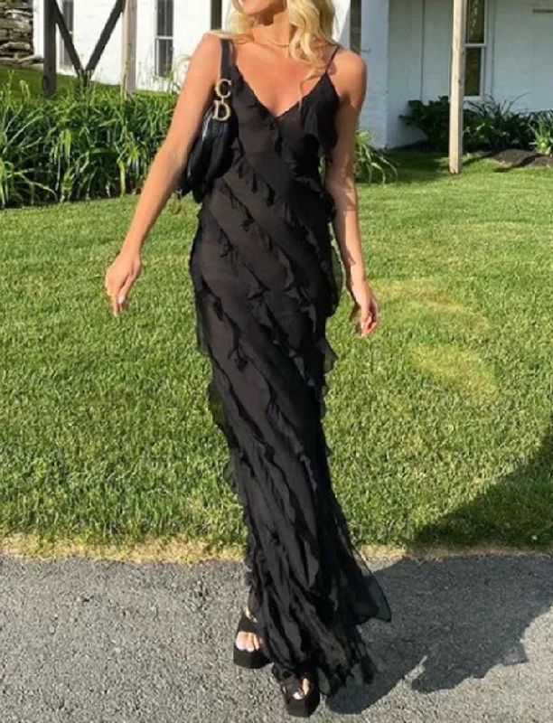 Ruffle Trim Slim Slit Deep V Spaghetti Strapless Backless Maxi Dress Chic Summer Maxi Dress Ruffle Trim Slim Slit Deep V Spaghetti Strapless Backless Maxi Dress Chic Summer Maxi Dress