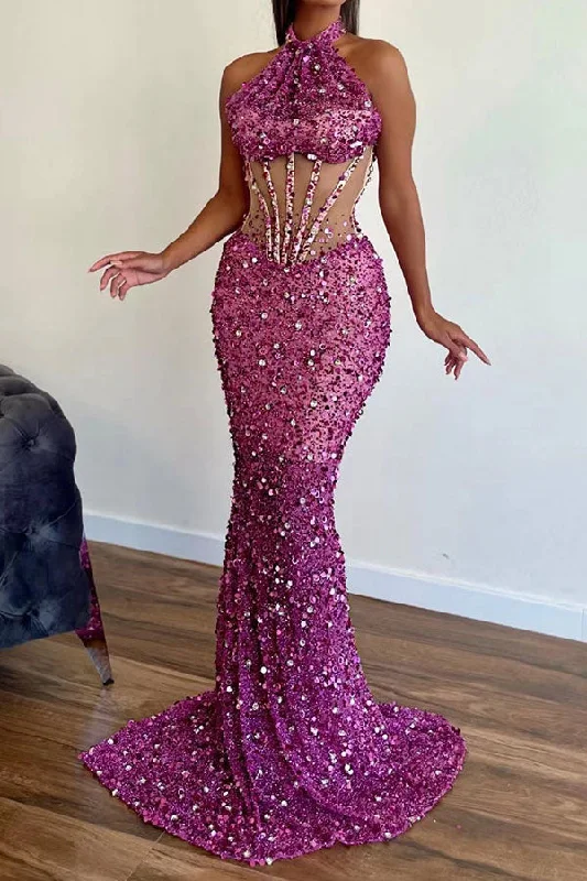 Sequined Glamorous Mesh Patchwork See-Through Maxi Dress Chic Boho Print Maxi Dress