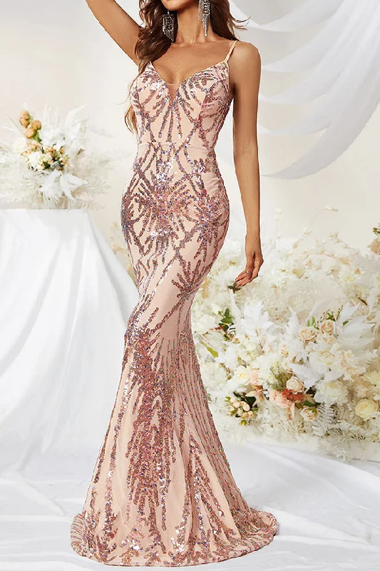 Sequined Luxe V Neck Fishtail Maxi Dress Trendy A-Line Maxi Dress