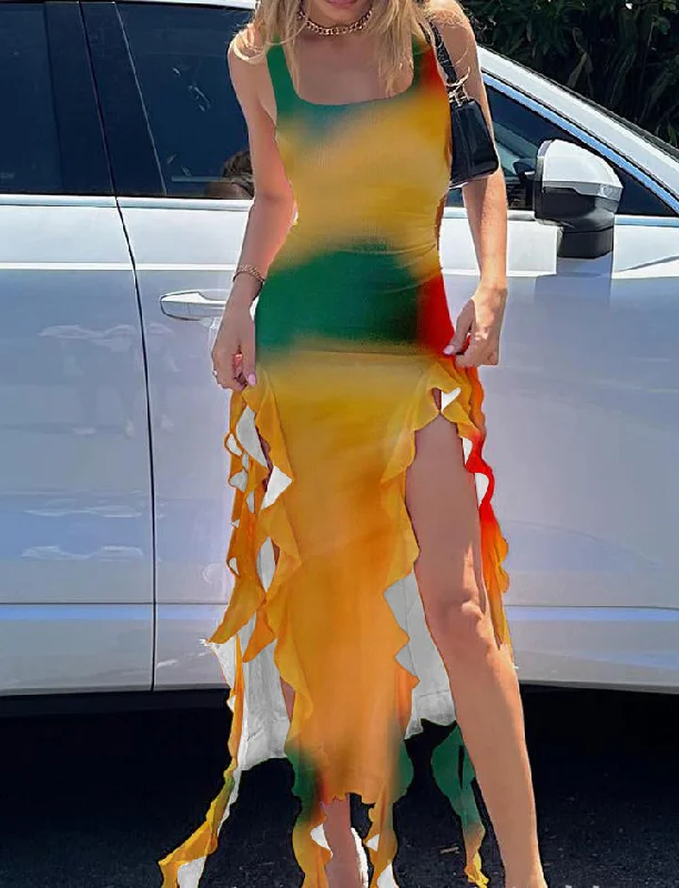 Sleeveless Ruffle Fringe Hem Tie Dye Summer Party Maxi Dress Trendy Ruffled Maxi Dress Sleeveless Ruffle Fringe Hem Tie Dye Summer Party Maxi Dress Trendy Ruffled Maxi Dress