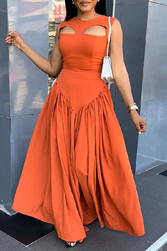 Solid Color Cutout Design Stylish Pleated Maxi Dress Classic Strapless Maxi Dress
