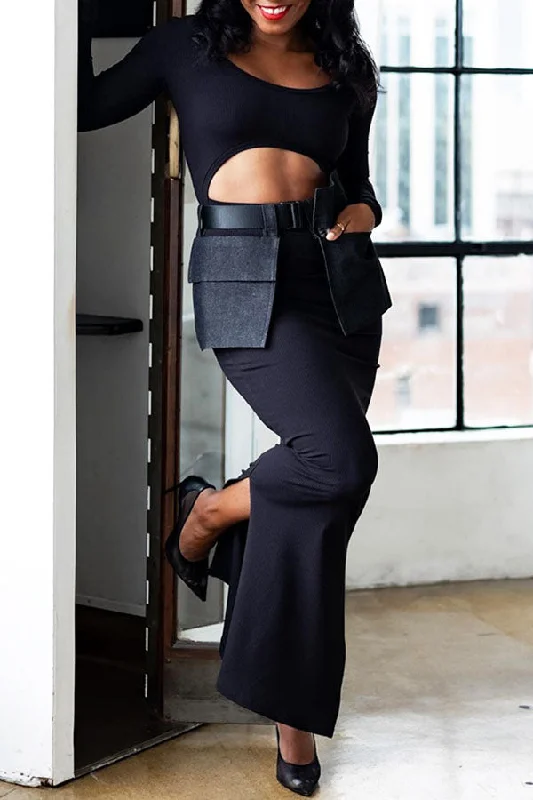 Solid Color Cutout Unique Side Slit Maxi Dress (With Belt Bag) Comfortable Bohemian Maxi Dress