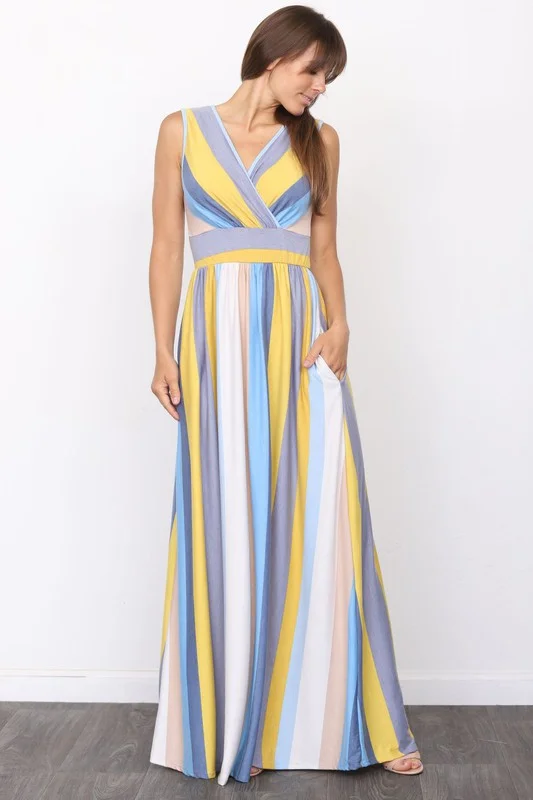Surplice Stripe Maxi Dress Elegant Tiered Maxi Dress