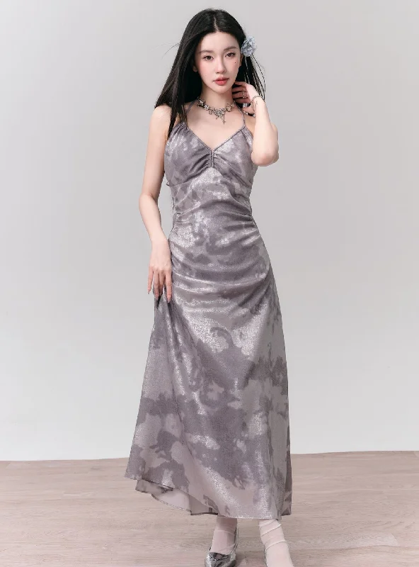 Tie-Dye Satin Halter Maxi Dress in Silver Grey Stylish Off-Shoulder Maxi Dress