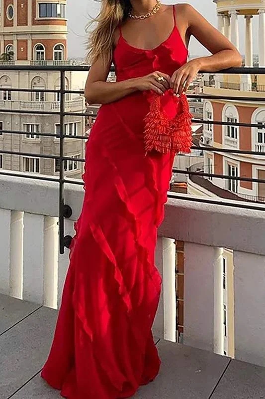 V NECK TIERED RUFFLE BACKLESS MAXI DRESS Fashionable Open-Back Maxi Dress