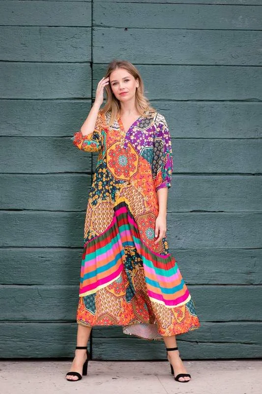 VINTAGE BOHO MIX PRINT 3 4 SLEEVE MAXI DRESS Cozy Knit Maxi Dress