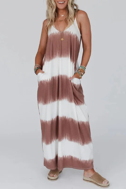 White Stripe Striped Tie Dye Spaghetti Strap Maxi Dress Casual Maxi Dress with Pockets White Stripe Striped Tie Dye Spaghetti Strap Maxi Dress Casual Maxi Dress with Pockets