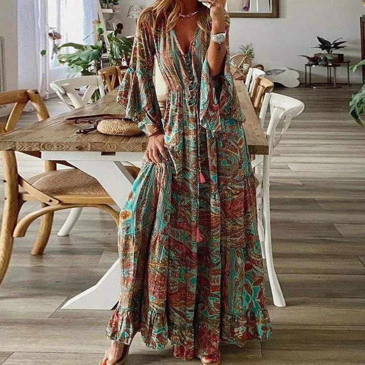 WOMEN CHIC RETRO FLORAL PRINT BOHO DRESS SPRING FLARE SLEEVE RUFFLE MAXI DRESS SUMMER V NECK BUTTON BEACH HOLIDAY DRESS BLUE L Fashionable Off-Shoulder Maxi Dress WOMEN CHIC RETRO FLORAL PRINT BOHO DRESS SPRING FLARE SLEEVE RUFFLE MAXI DRESS SUMMER V NECK BUTTON BEACH HOLIDAY DRESS BLUE L Fashionable Off-Shoulder Maxi Dress