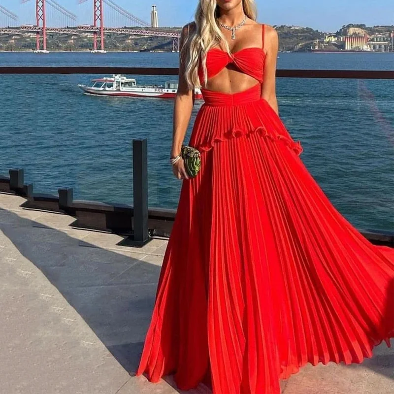 Women Maxi Dress Fashion Solid Suspender Sleeveless V Neck Open Waist Slim Backless Pleated Evening Dresses Streetwear Trendy Maxi Dress with Belt Women Maxi Dress Fashion Solid Suspender Sleeveless V Neck Open Waist Slim Backless Pleated Evening Dresses Streetwear Trendy Maxi Dress with Belt