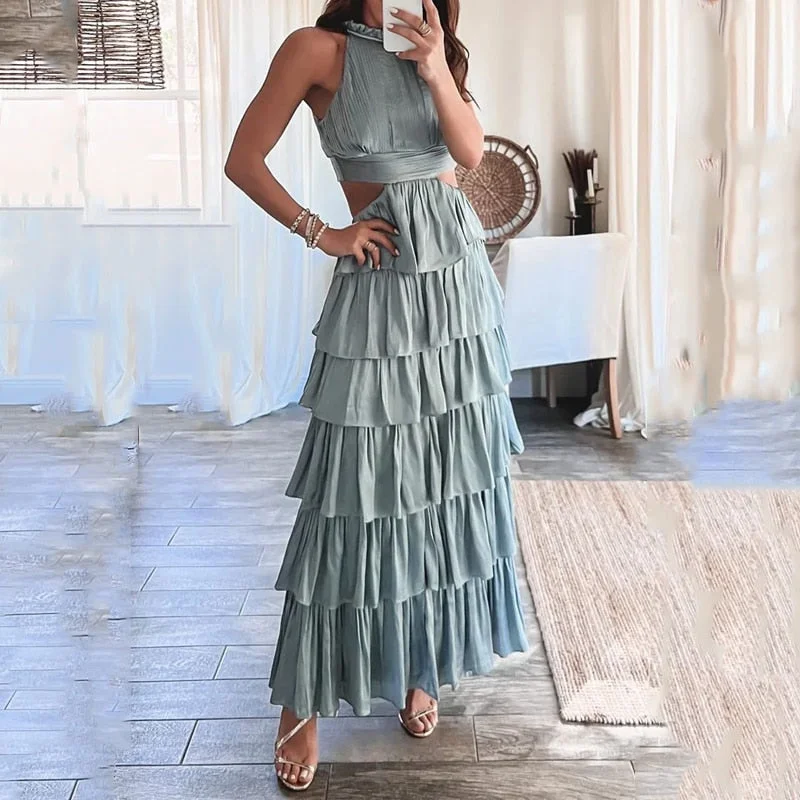 Women Maxi Dress Summer Elegant Solid Ruffled Sleeveless Round Neck Hollow Out Backless Lace Up Slim Nipped Waist Dress Comfortable Bohemian Maxi Dress Women Maxi Dress Summer Elegant Solid Ruffled Sleeveless Round Neck Hollow Out Backless Lace Up Slim Nipped Waist Dress Comfortable Bohemian Maxi Dress