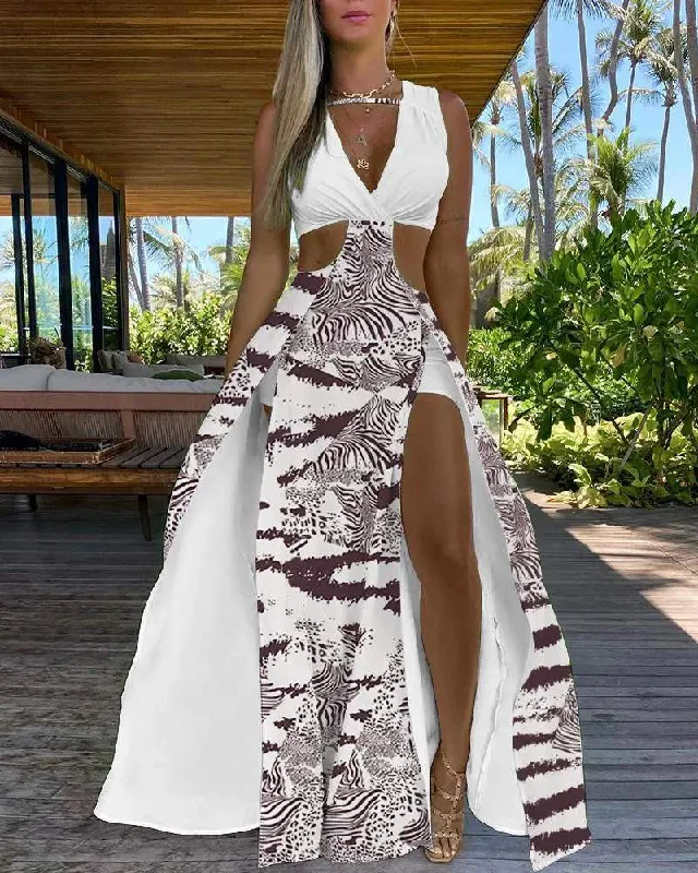 ZEBRA STRIPE TIE DYE PRINT CUTOUT HIGH SLIT MAXI DRESS Comfortable Maxi Dress with Slits ZEBRA STRIPE TIE DYE PRINT CUTOUT HIGH SLIT MAXI DRESS Comfortable Maxi Dress with Slits