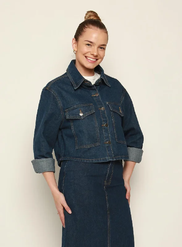 Adia Cropped Denim Jacket-DARK BLUE Tailored Jacket Straight Jacket A-Line Jacket