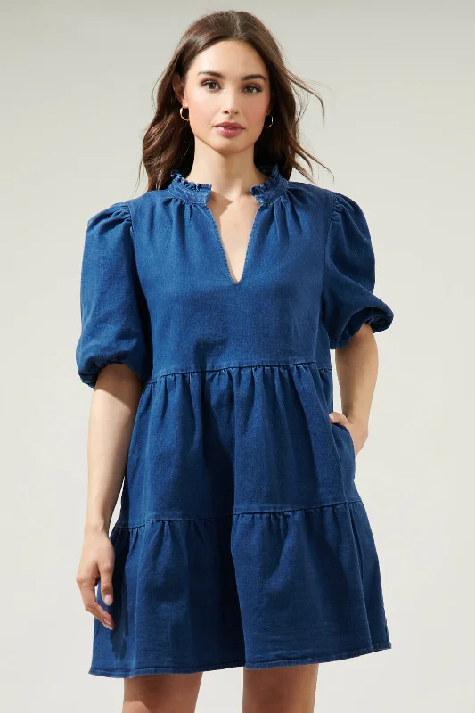 Aura Jacey Babydoll Denim Mini Dress Cozy A-Line Mini Dress