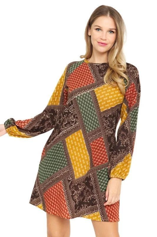 Bishop Sleeve Multi Patch Pattern Mini Dress Trendy Bodycon Mini Dress
