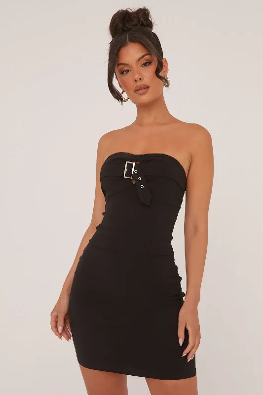 Black Bandeau Belt Detail Bodycon Mini Dress - Anaya Cozy Knit Mini Dress
