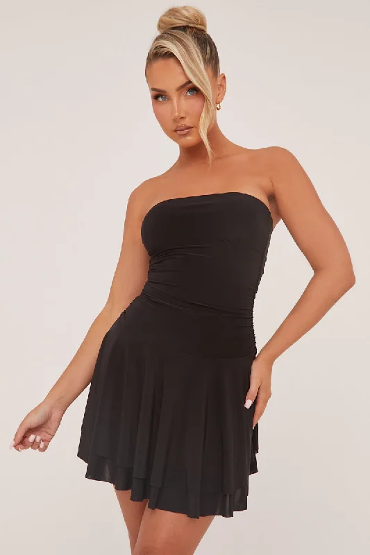 Black Bandeau Ruched Skater Mini Dress - Sifan Chic Puff Sleeve Mini Dress