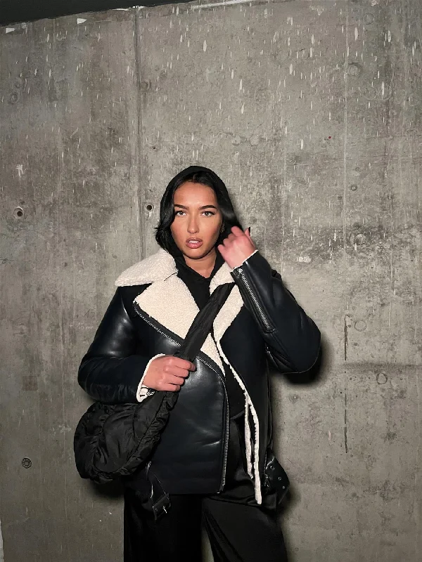 Black-Cream Biker-Jacket Hooded Jacket Caped Jacket Shawl Collar Jacket