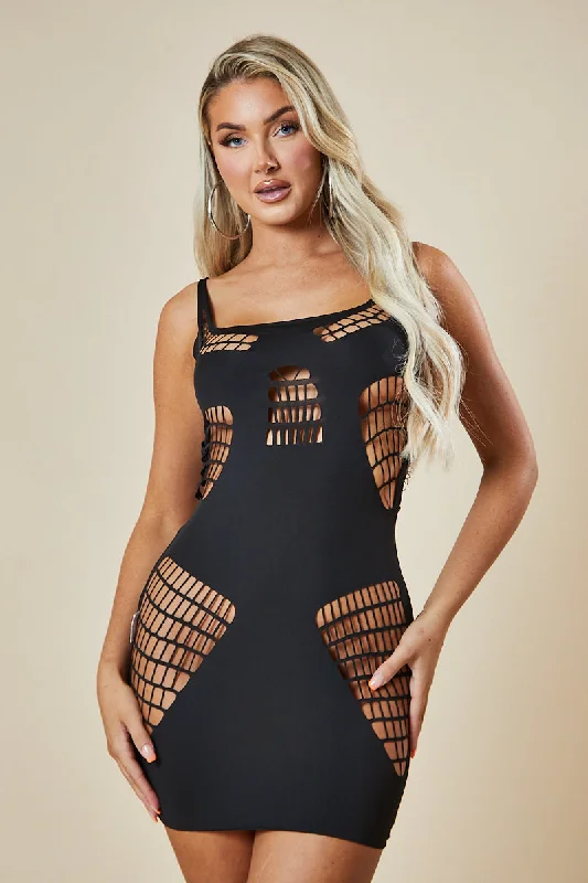 Black Cut Out Detail Bodycon Mini Dress - Amaya Fashionable Mini Dress with Slits