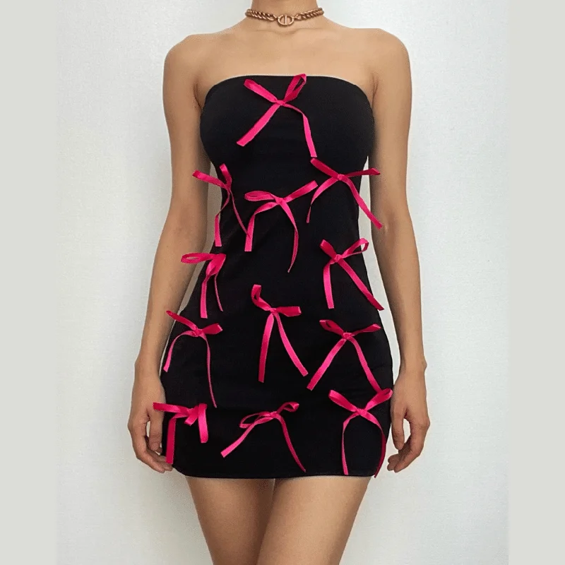Bowknot contrast backless tube mini dress Stylish Plaid Mini Dress
