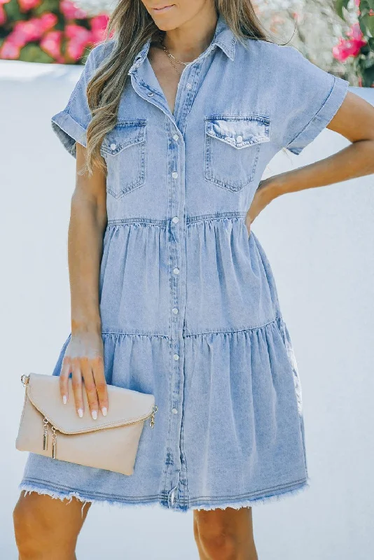 Frayed Pocket Button-Front Denim Mini Dress Classic Shift Mini Dress