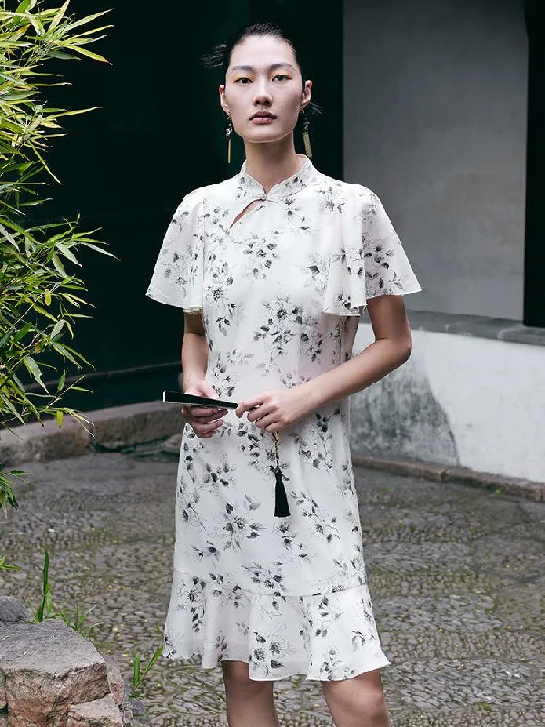 Ink Floral Ruffle Sleeve Cheongsam Mini Dress Elegant Vintage Mini Dress